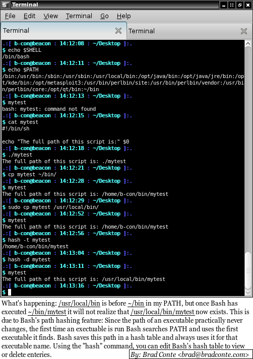 Bash path hash table example Example of Bash storing the full path of a script and not recognizing a new one.